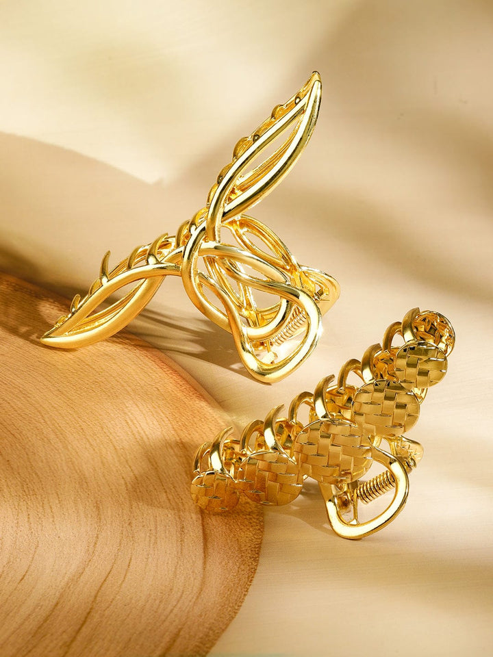 Rubans Set of 2 18K Gold Plated Hair Claw Clip â€“ Leaf & Braided Statement Hair Accessories Hair Accessory