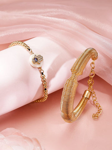 Rubans Set of 2, 18K Gold-Plated Hamsa Hand & Coiled Wire Bracelets Wristwear