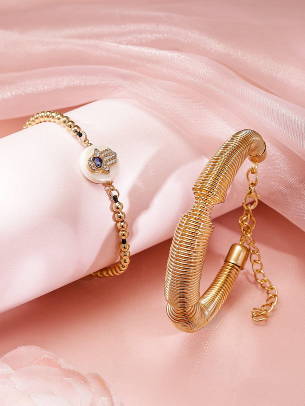 Rubans Set of 2, 18K Gold-Plated Hamsa Hand & Coiled Wire Bracelets Wristwear
