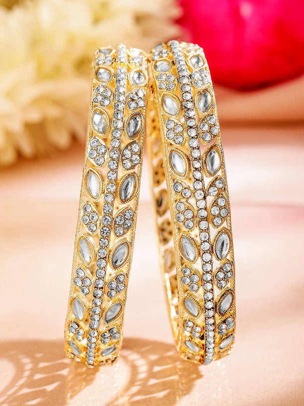 Rubans Set of 2 18K Gold-Plated Kundan & AD Studded Handcrafted Premium Bangles for Women Bangles