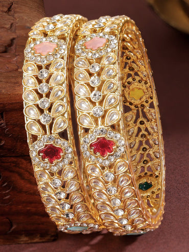 Rubans Set of 2 18K Gold-Plated Kundan & Multi-Colour Cubic Zirconia Stone Floral Bangles Bangles & Bracelets