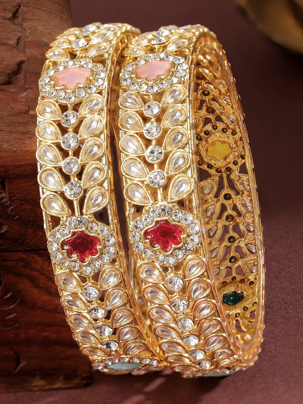 Rubans Set of 2 18K Gold-Plated Kundan & Multi-Colour Cubic Zirconia Stone Floral Bangles Bangles & Bracelets