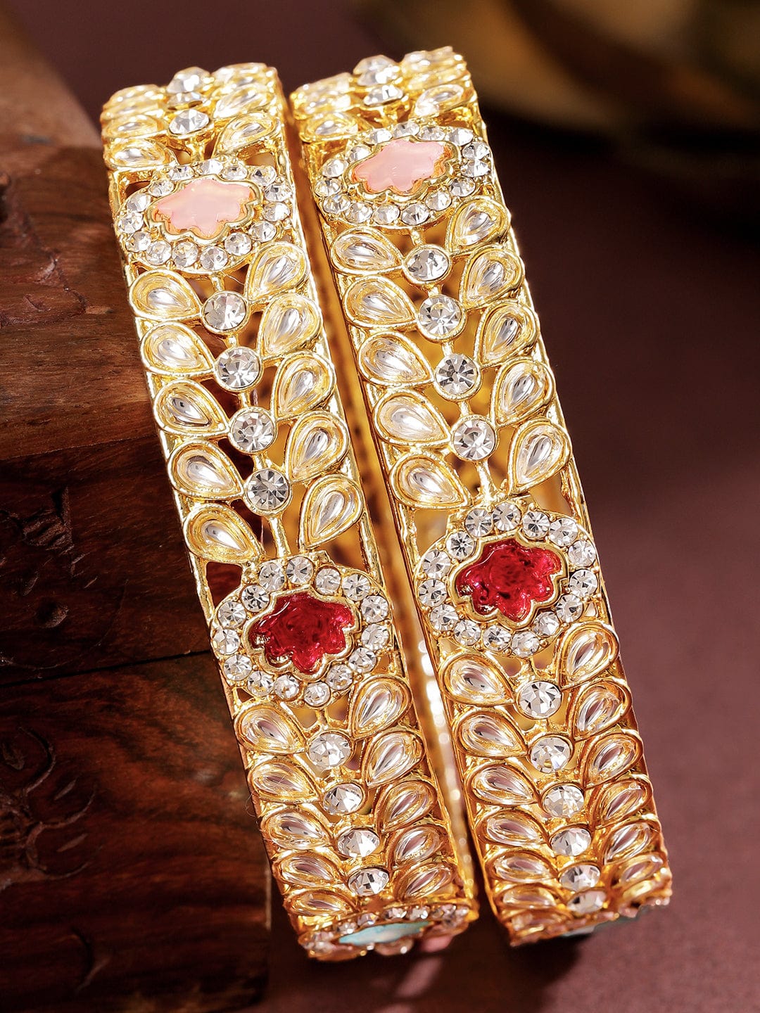 Rubans Set of 2 18K Gold-Plated Kundan & Multi-Colour Cubic Zirconia Stone Floral Bangles Bangles & Bracelets