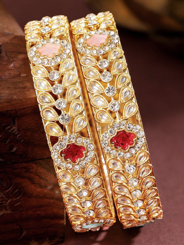 Rubans Set of 2 18K Gold-Plated Kundan & Multi-Colour Cubic Zirconia Stone Floral Bangles Bangles & Bracelets