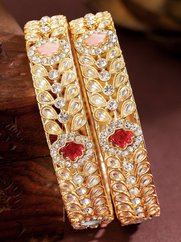 Rubans Set of 2 18K Gold-Plated Kundan & Multi-Colour Cubic Zirconia Stone Floral Bangles Bangles & Bracelets