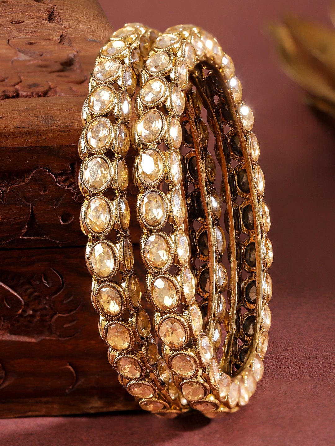 Rubans Set of 2 18K Gold-Plated Light Gold-Toned Cubic Zirconia Oval Studded Bangles Bangles