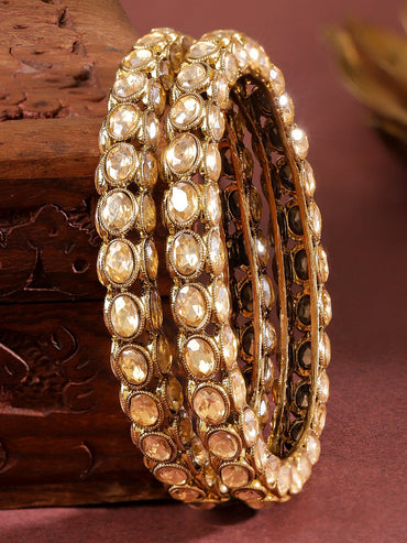 Rubans Set of 2 18K Gold-Plated Light Gold-Toned Cubic Zirconia Oval Studded Bangles Bangles