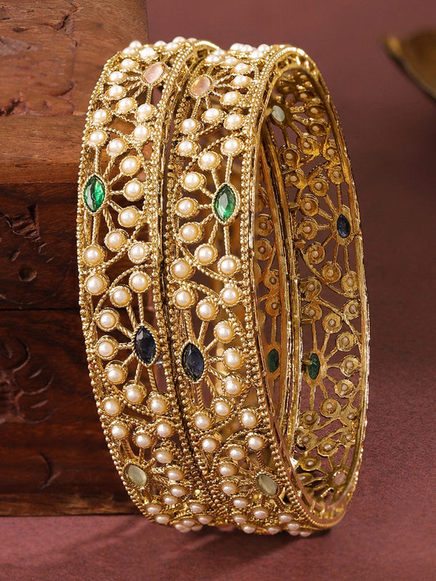 Rubans Set of 2 18K Gold-Plated Mini Pearl Studded & Multi-Coloured Stone Designer Bangles Bangles & Bracelets