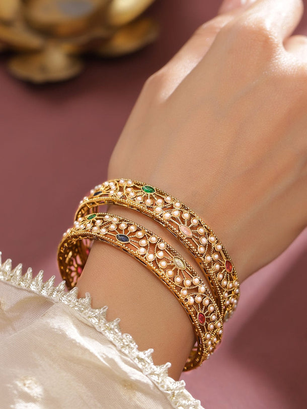 Rubans Set of 2 18K Gold-Plated Mini Pearl Studded & Multi-Coloured Stone Designer Bangles Bangles & Bracelets