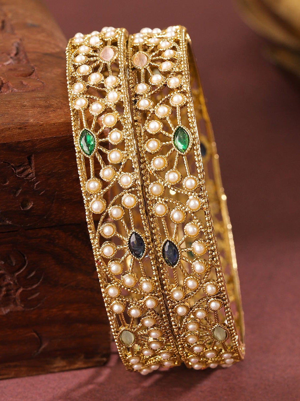 Rubans Set of 2 18K Gold-Plated Mini Pearl Studded & Multi-Coloured Stone Designer Bangles Bangles & Bracelets