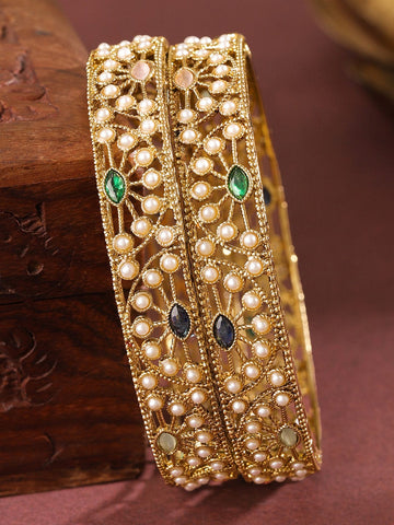 Rubans Set of 2 18K Gold-Plated Mini Pearl Studded & Multi-Coloured Stone Designer Bangles Bangles & Bracelets