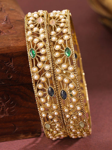 Rubans Set of 2 18K Gold-Plated Mini Pearl Studded & Multi-Coloured Stone Designer Bangles Bangles & Bracelets
