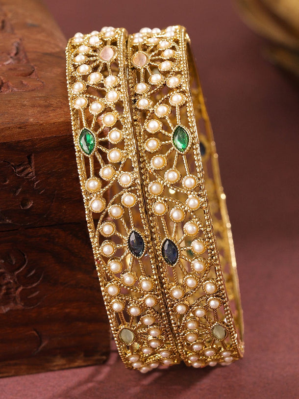 Rubans Set of 2 18K Gold-Plated Mini Pearl Studded & Multi-Coloured Stone Designer Bangles Bangles & Bracelets