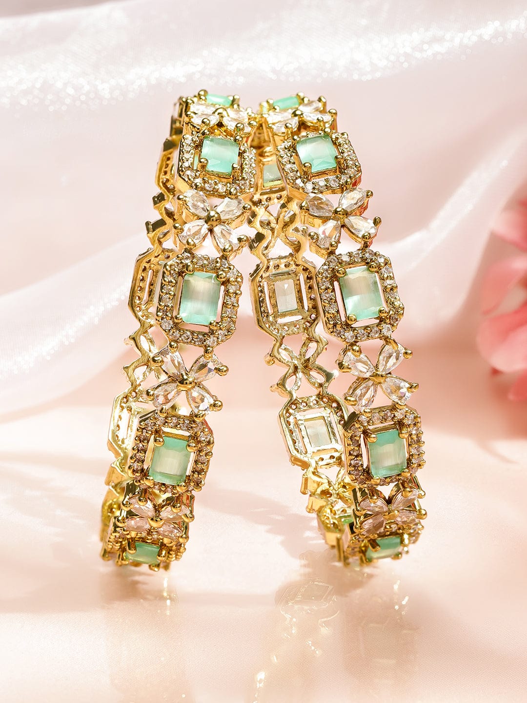 Rubans Set of 2 18K Gold-Plated Mint Green & White Cubic Zirconia Studded Floral Bangles Bangles & Bracelets