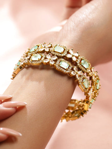 Rubans Set of 2 18K Gold-Plated Mint Green & White Cubic Zirconia Studded Floral Bangles Bangles & Bracelets