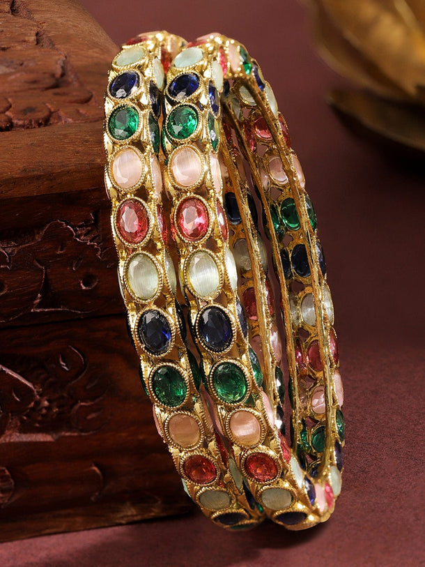 Rubans Set of 2 18K Gold-Plated Multi-Coloured Oval Stone Studded Designer Bangles Bangles & Bracelets