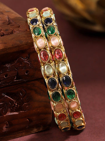 Rubans Set of 2 18K Gold-Plated Multi-Coloured Oval Stone Studded Designer Bangles Bangles & Bracelets