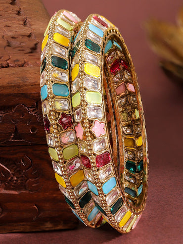 Rubans Set of 2 18K Gold-Plated Multi-Coloured Zirconia Stone Studded Traditional Bangles Bangles