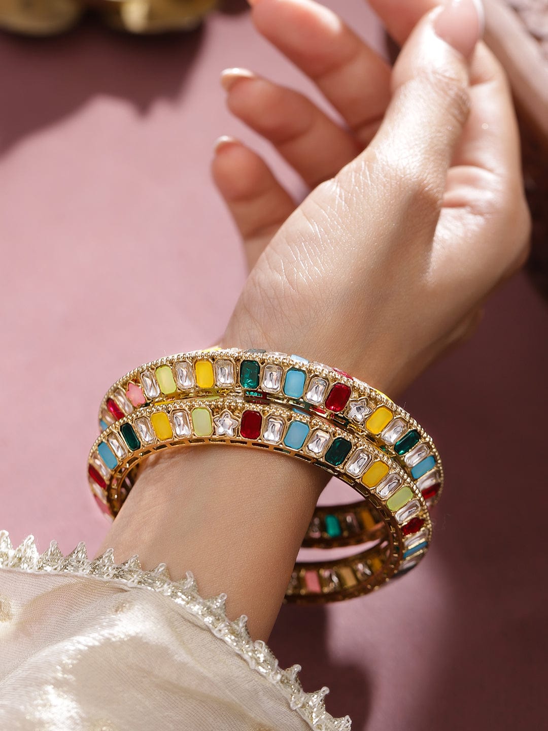 Rubans Set of 2 18K Gold-Plated Multi-Coloured Zirconia Stone Studded Traditional Bangles Bangles