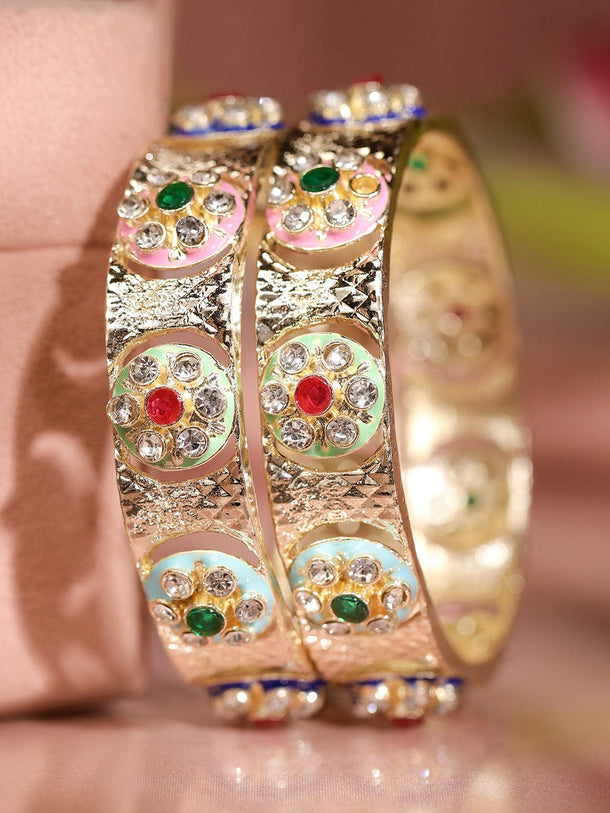 Rubans Set of 2 18K Gold-Plated Multicolor Enamel & Cubic Zirconia Studded Bangles Bangles & Bracelets