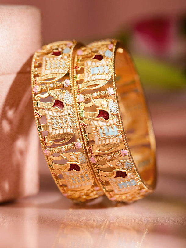 Rubans Set of 2 18K Gold-Plated Multicolor Enamel in Elephant Handcrafted Ethnic Bangles Bangles & Bracelet