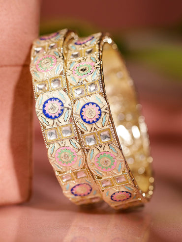 Rubans Set of 2 18K Gold-Plated Multicolor Enamel & Kundan Stone-Studed Handcrafted Bangle Bangles & Bracelets
