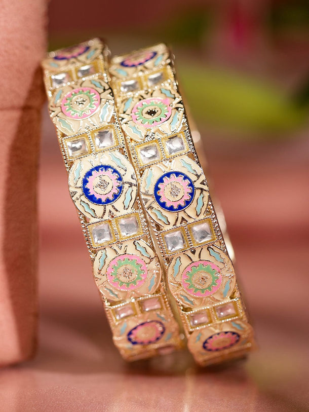Rubans Set of 2 18K Gold-Plated Multicolor Enamel & Kundan Stone-Studed Handcrafted Bangle Bangles & Bracelets