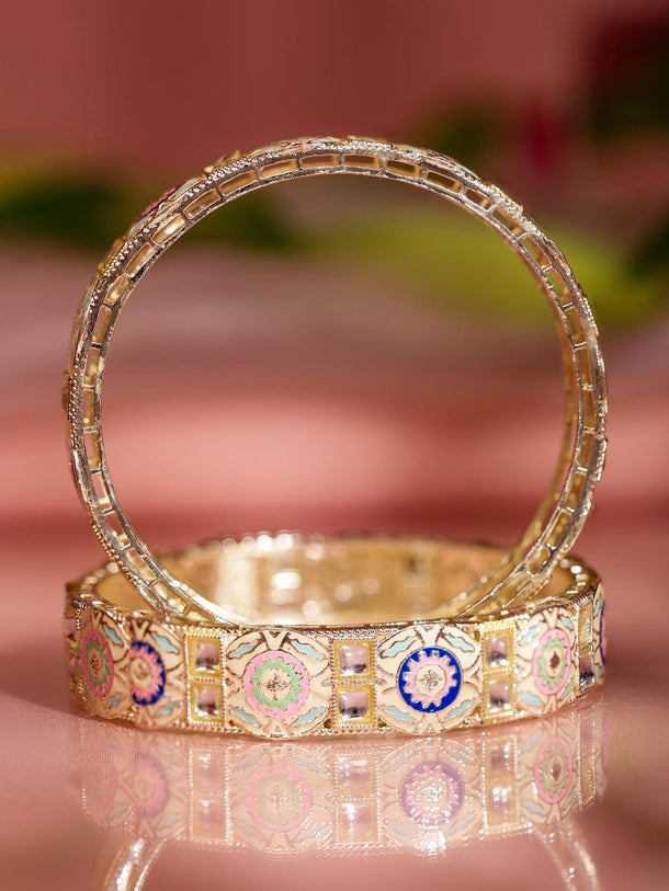 Rubans Set of 2 18K Gold-Plated Multicolor Enamel & Kundan Stone-Studed Handcrafted Bangle Bangles & Bracelets
