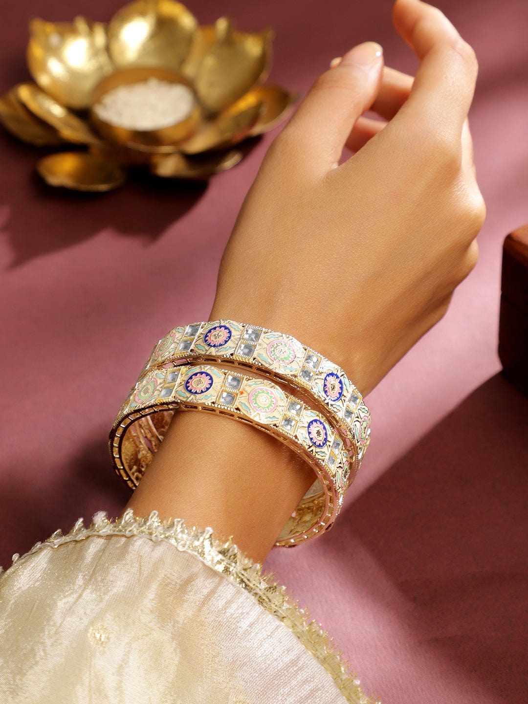 Rubans Set of 2 18K Gold-Plated Multicolor Enamel & Kundan Stone-Studed Handcrafted Bangle Bangles & Bracelets