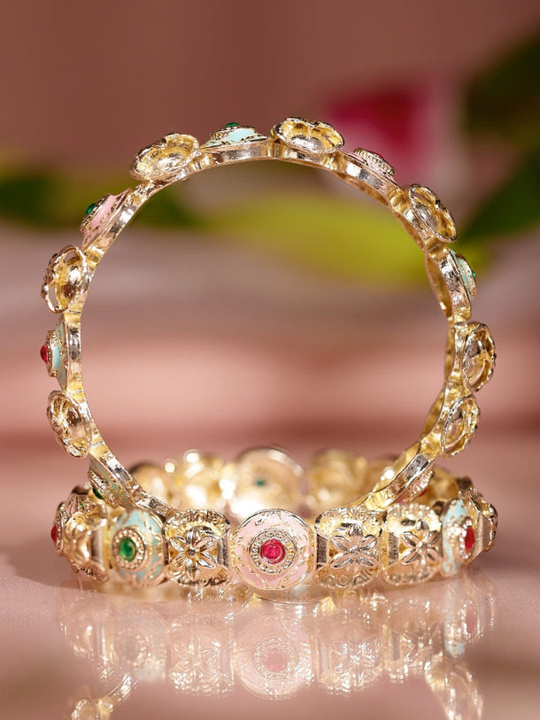 Rubans Set of 2 18K Gold-Plated Multicolor Enamel & Stone-Studded Floral Design Bangles Bangles & Bracelet