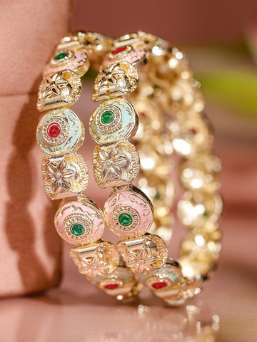 Rubans Set of 2 18K Gold-Plated Multicolor Enamel & Stone-Studded Floral Design Bangles Bangles & Bracelet