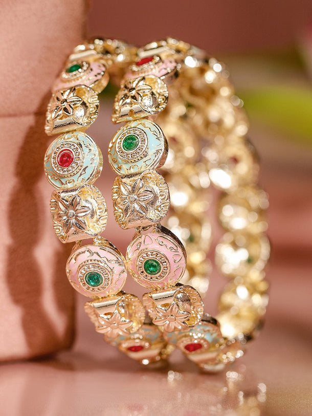 Rubans Set of 2 18K Gold-Plated Multicolor Enamel & Stone-Studded Floral Design Bangles Bangles & Bracelet
