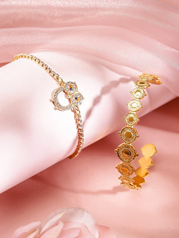 Rubans Set of 2, 18K Gold-Plated Owl & Coin Motif Bracelets Wristwear