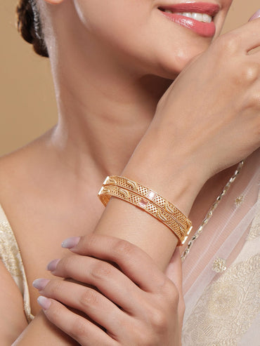 Rubans Set of 2 18K Gold-Plated Pastel Pink & Mint Green Stone Studded Traditional Bangles Wristwear