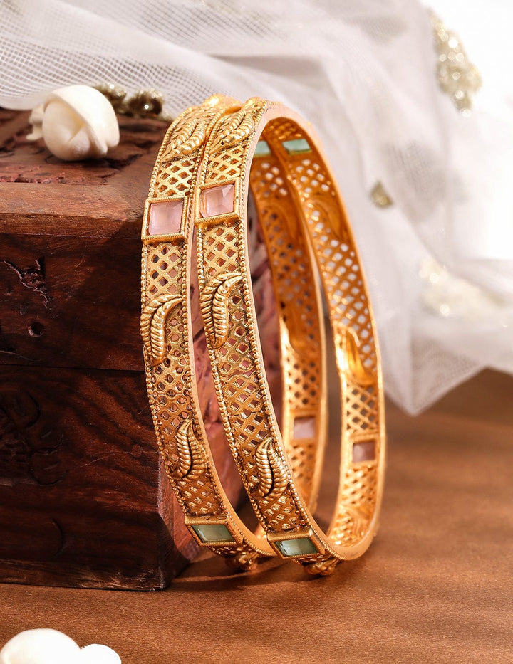 Rubans Set of 2 18K Gold-Plated Pastel Pink & Mint Green Stone Studded Traditional Bangles Wristwear