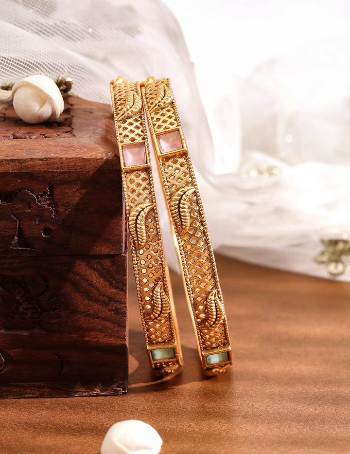 Rubans Set of 2 18K Gold-Plated Pastel Pink & Mint Green Stone Studded Traditional Bangles Wristwear