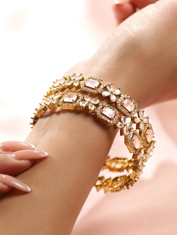 Rubans Set of 2 18K Gold-Plated Pastel Pink & White Cubic Zirconia Studded Floral Bangles Bangles & Bracelets