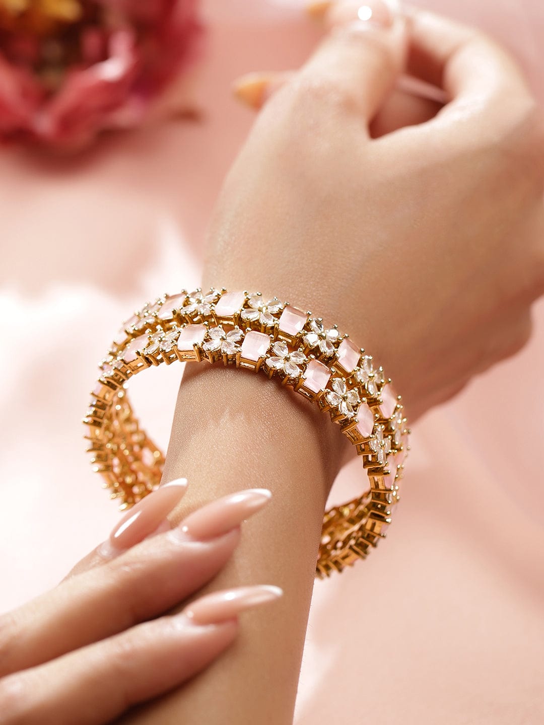 Rubans Set of 2 18K Gold-Plated Pastel Pink & White Cubic Zirconia Studded Floral Bangles Bangles & Bracelets