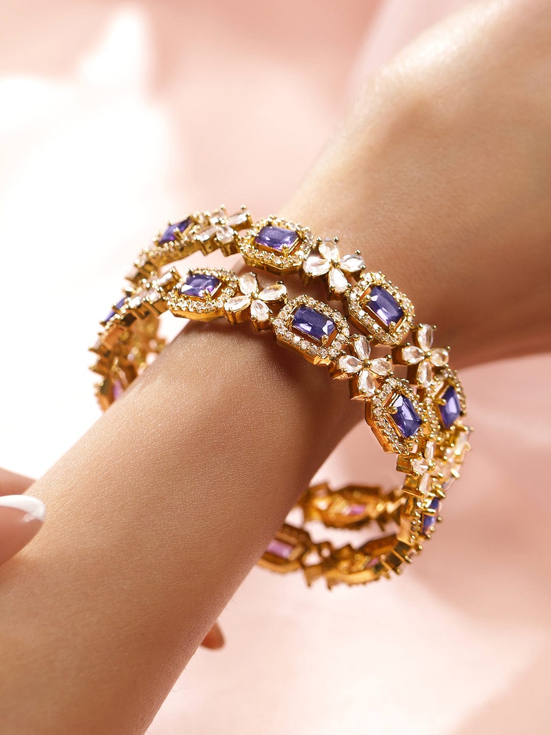 Rubans Set of 2 18K Gold-Plated Purple AD & White Zirconia Studded Floral Design Bangles Bangles & Bracelets