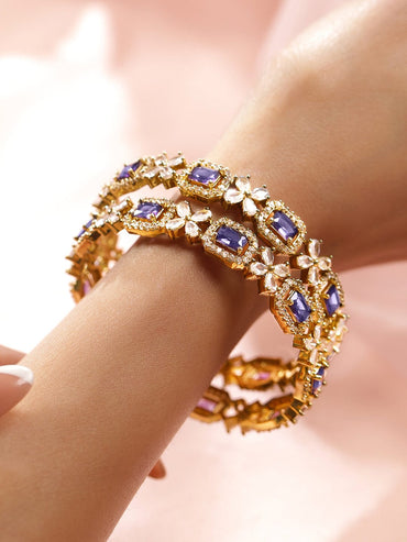 Rubans Set of 2 18K Gold-Plated Purple AD & White Zirconia Studded Floral Design Bangles Bangles & Bracelets