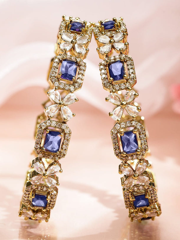 Rubans Set of 2 18K Gold-Plated Purple AD & White Zirconia Studded Floral Design Bangles Bangles & Bracelets