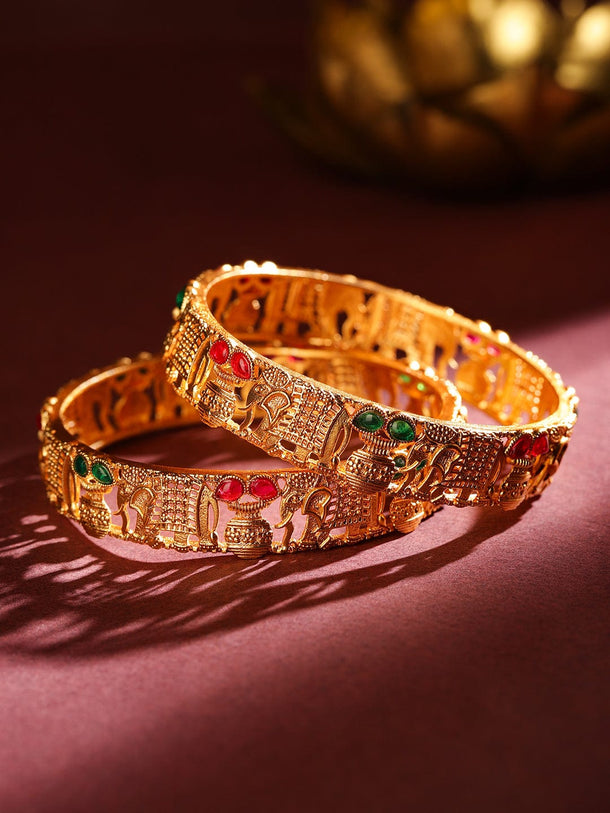 Rubans Set of 2 18K Gold Plated Rajwadi Polish Ruby & Emerald Studded Handcrafted Bangles Bangles