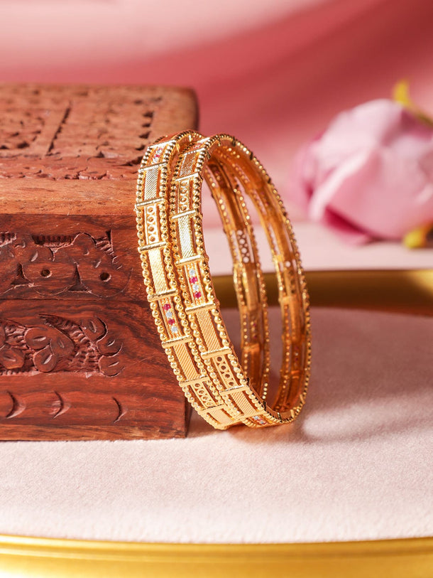 Rubans Set of 2, 18K Gold-Plated Rectangular Motif Bangles with Intricate Detailing Bangles & Bracelets