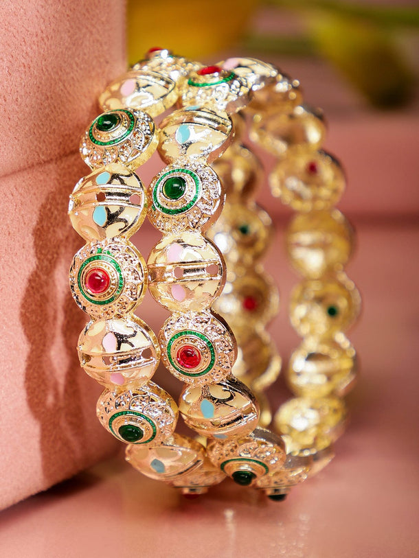 Rubans Set of 2 18K Gold Plated Red & Green Stone and Enamel Work Handcrafted Bangles Bangles & Bracelets