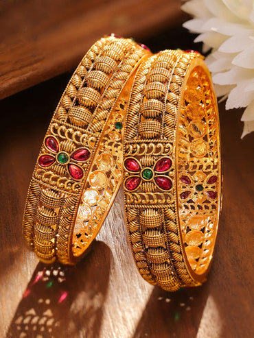 Rubans Set of 2 18K Gold-Plated Ruby Pink & Emerald Green Stone Studded Floral Bangles Bangles & Bracelets