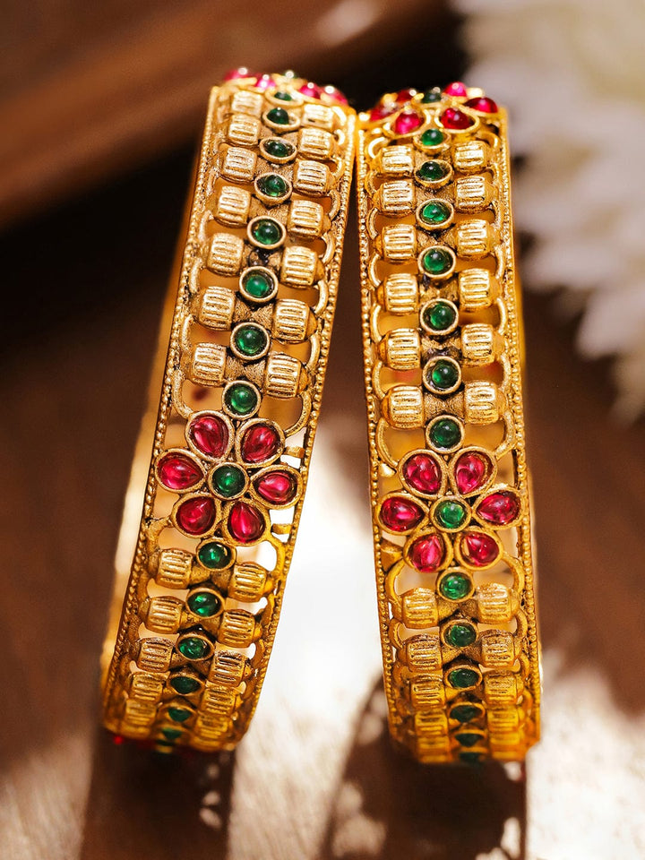 Rubans Set of 2 18K Gold-Plated Ruby Pink & Emerald Green Stone Studded Floral Bangles Bangles & Bracelets