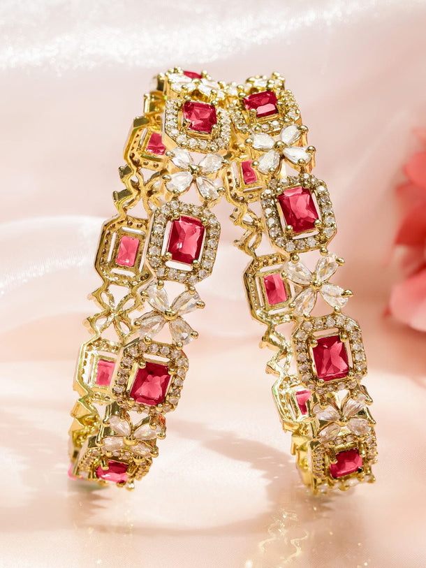 Rubans Set of 2 18K Gold-Plated Ruby Red & White Zirconia Studded Floral Design Bangles Bangles & Bracelets