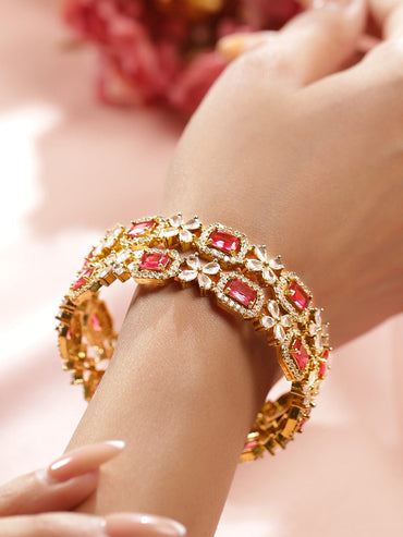 Rubans Set of 2 18K Gold-Plated Ruby Red & White Zirconia Studded Floral Design Bangles Bangles & Bracelets