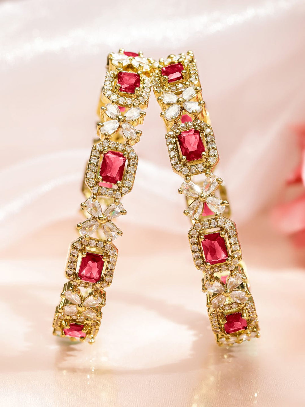 Rubans Set of 2 18K Gold-Plated Ruby Red & White Zirconia Studded Floral Design Bangles Bangles & Bracelets