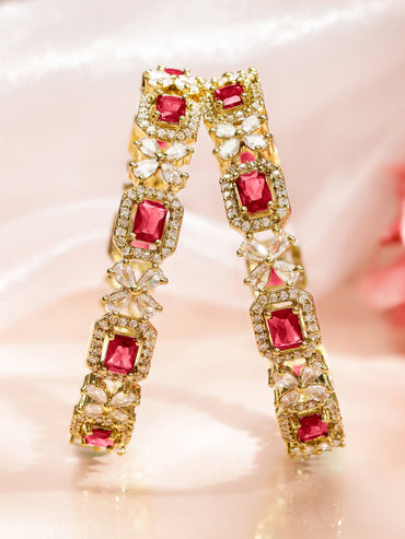 Rubans Set of 2 18K Gold-Plated Ruby Red & White Zirconia Studded Floral Design Bangles Bangles & Bracelets